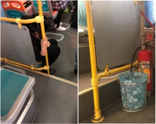 女子蹲在巴士車後門垃圾桶大便。網圖