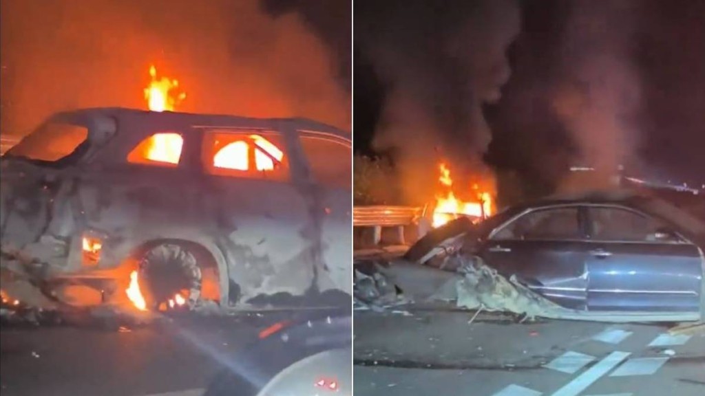 廣西有高速公路日前發生5車串燒車禍，導致2死3傷。微博