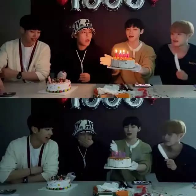 AB6IX前日開直播慶祝出道1000日，當時朴佑鎮（左二）咳了一下竟整熄蠟燭。 