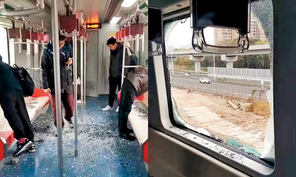 上海地鐵車窗嚴重破裂，玻璃散落一地。右圖：列車車頭受損。