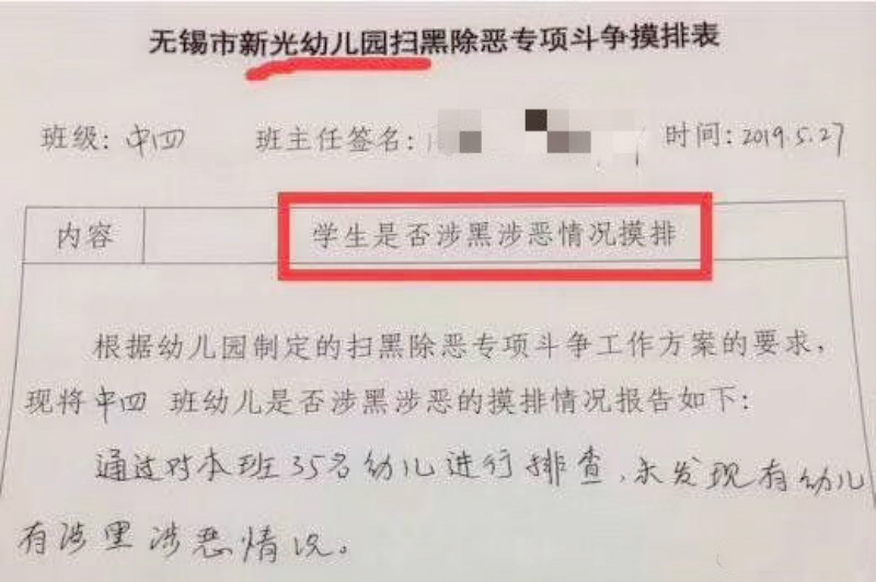 江蘇有幼兒園掃黑調查到去學童。網上圖片