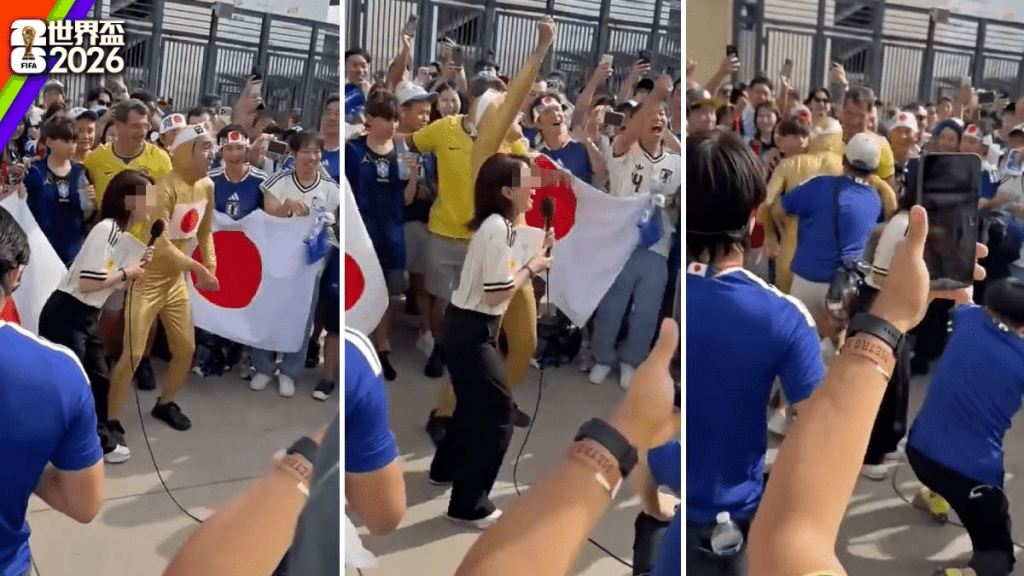 日本女主播拍街頭氣氛期間，遭國民球迷藉機猥褻。微博@新浪新聞在場