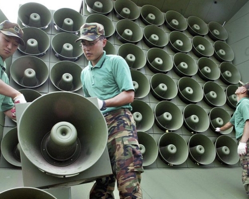 韓軍方將在2、3天內完全拆除20台固定式對朝擴音設備。美聯社 韓軍方將在2、3天內完全拆除20台固定式對朝擴音設備。美聯社
