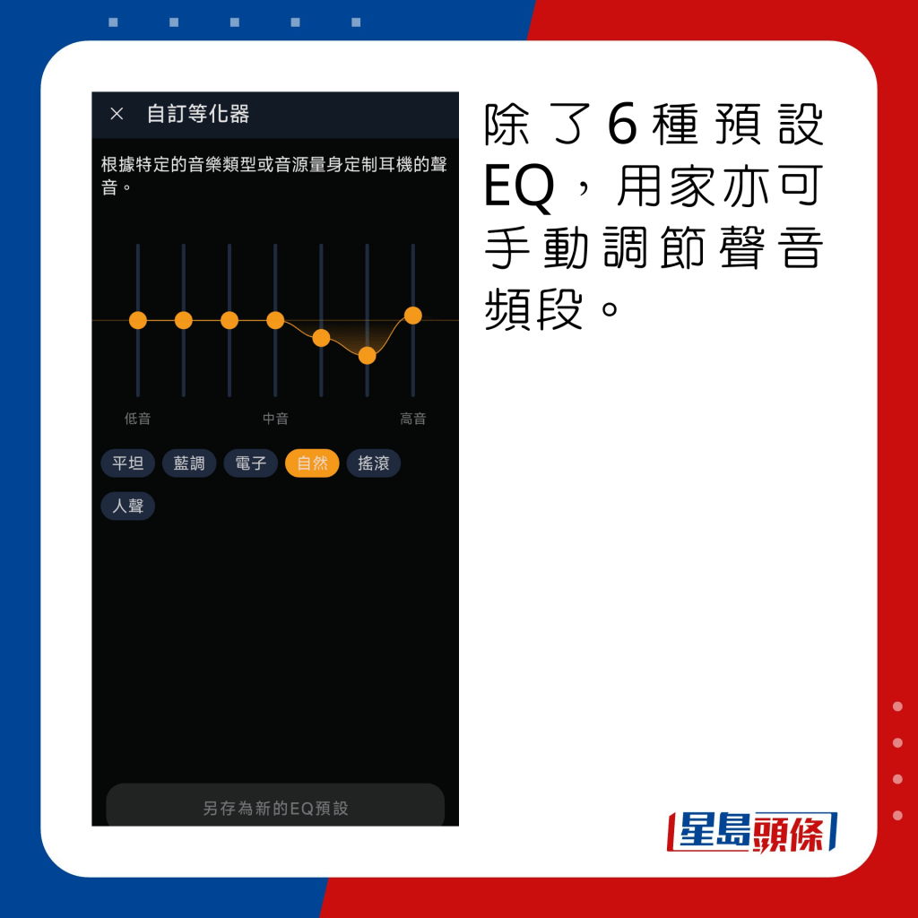 除了6种预设EQ，用家亦可手动调节声音频段。