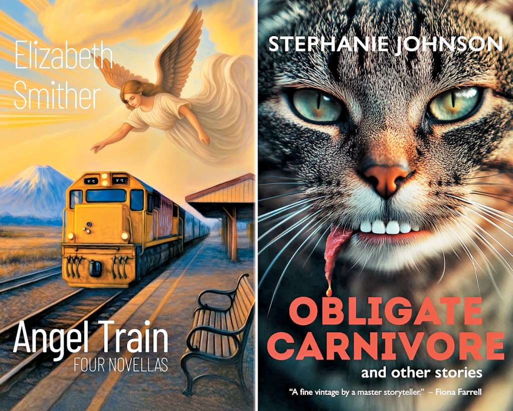 兩本小說集《天使列車》和《純食肉動物》的AI生成封面。