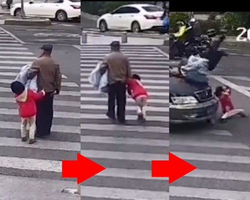 爺爺帶著孫女亂過馬路，釀成一死一傷。影片截圖