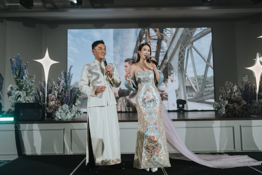 楊明、莊思明於婚禮中頻換華衣。 楊明、莊思明於婚禮中頻換華衣。
