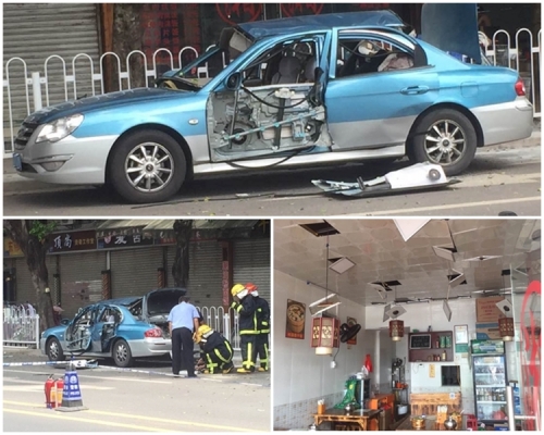 的士車頂和車門已被「震開」。網上圖片