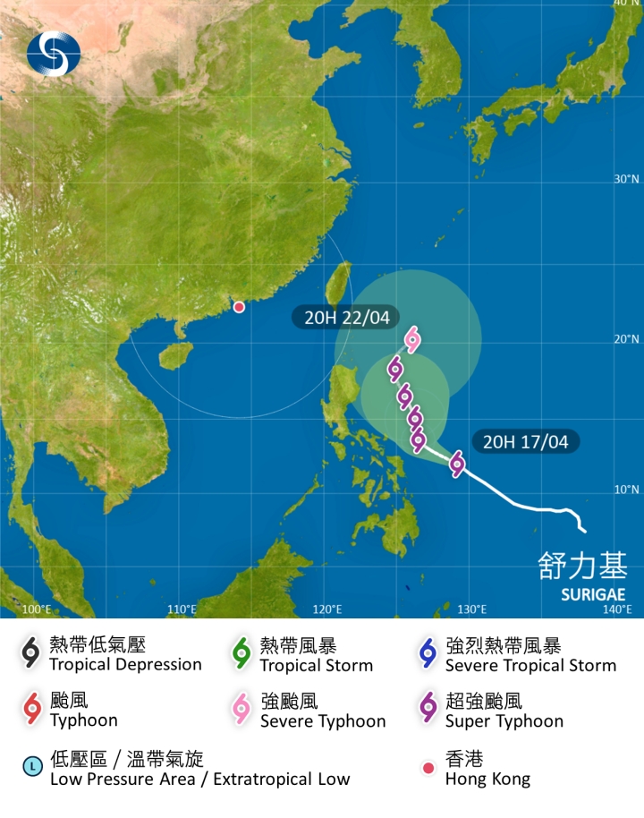 超強颱風「舒力基」預料橫過菲律賓以東海域。天文台預測路徑