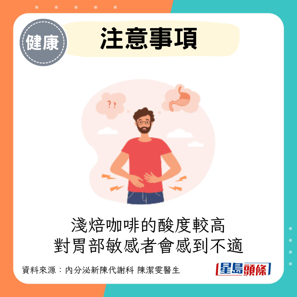 淺焙咖啡的酸度較高，對於胃部敏感的人來說可能會感到不適。