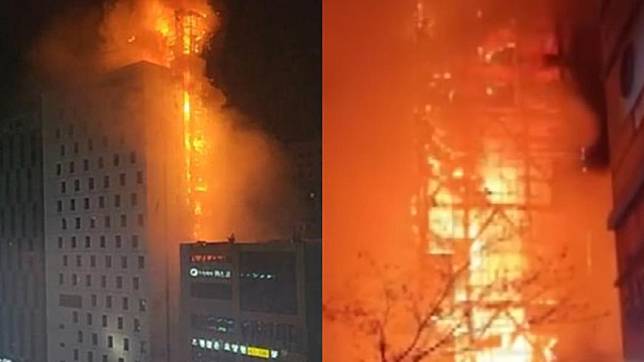 南韓仁川酒店停車場大火，火光熊熊。網上圖片