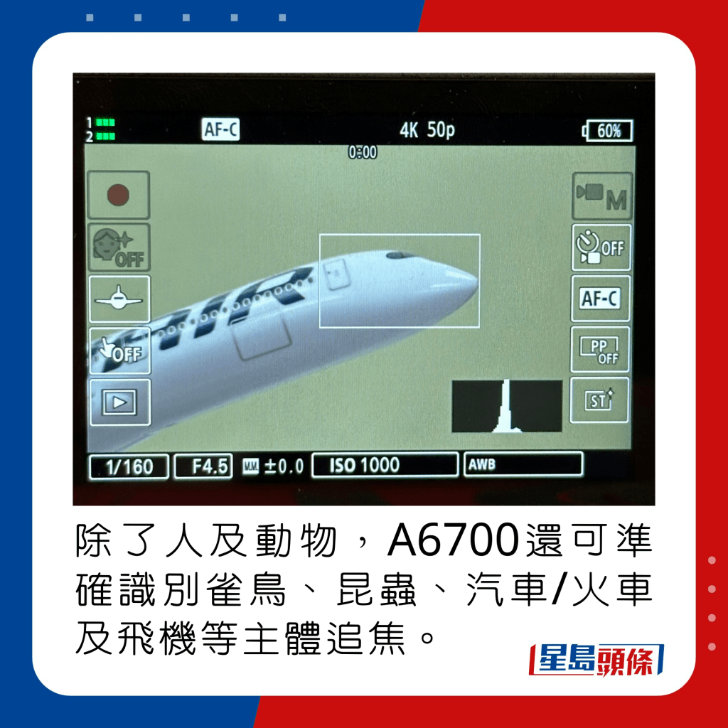 除了人及动物，A6700还可准确识别雀鸟、昆虫、汽车/火车及飞机等主体追焦。