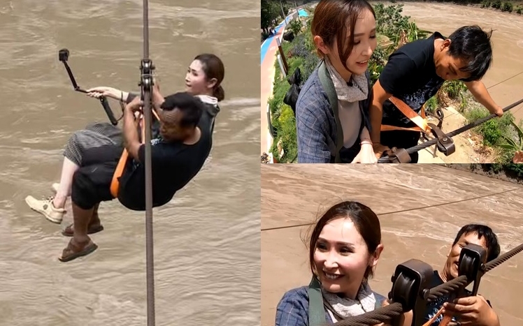 貝兒雖難掩恐懼慌張大叫，但仍鼓起勇氣，一手拿著攝影機，一手捉著安全繩，成功征服溜索。
