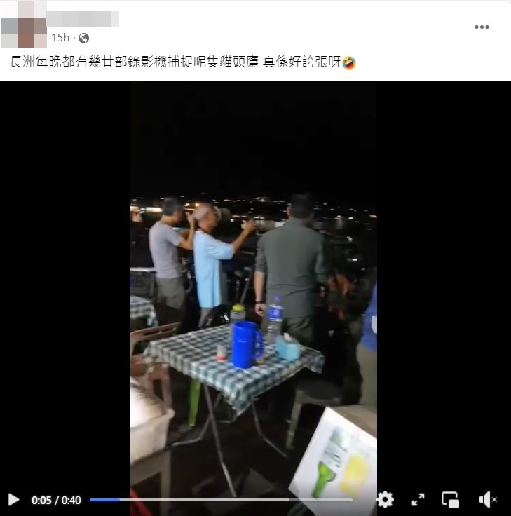 网民：长洲每晚都有几廿部录影机捕捉呢只猫头鹰真系好夸张呀。fb截图