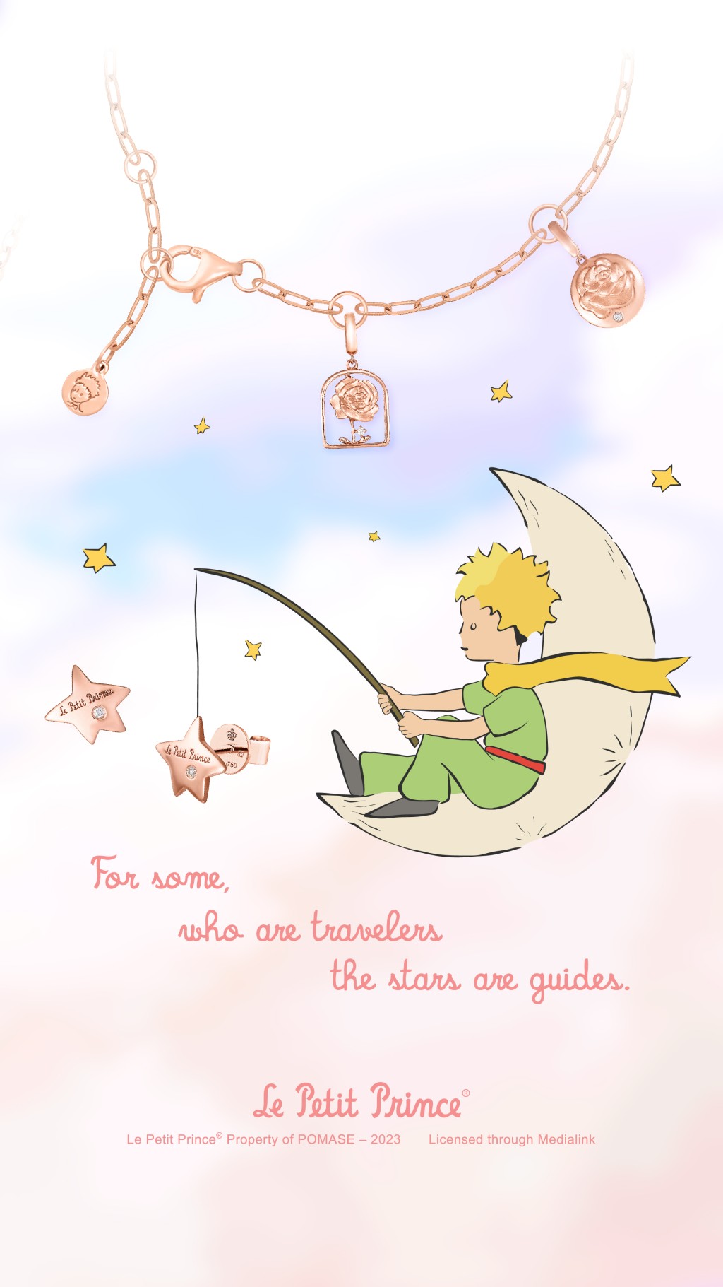 18K玫瑰金手鏈/$1,800（不包括串飾）、小王子頭像及玫瑰花圖案(雙面)18K玫瑰金鑽石串飾/$1,950、玫瑰花圖案18K玫瑰金鑽石串飾/$1,850、星星圖案18K玫瑰金鑽石串飾/每件/$899。