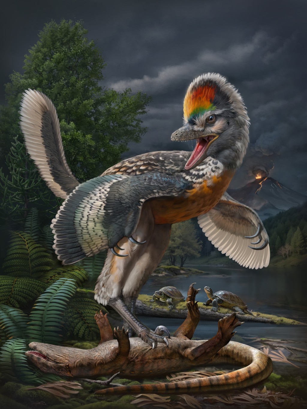 约1.5亿年前鸟翼类恐龙「奇异福建龙」及「政和动物群」生态复原图。中国科学院古脊椎所