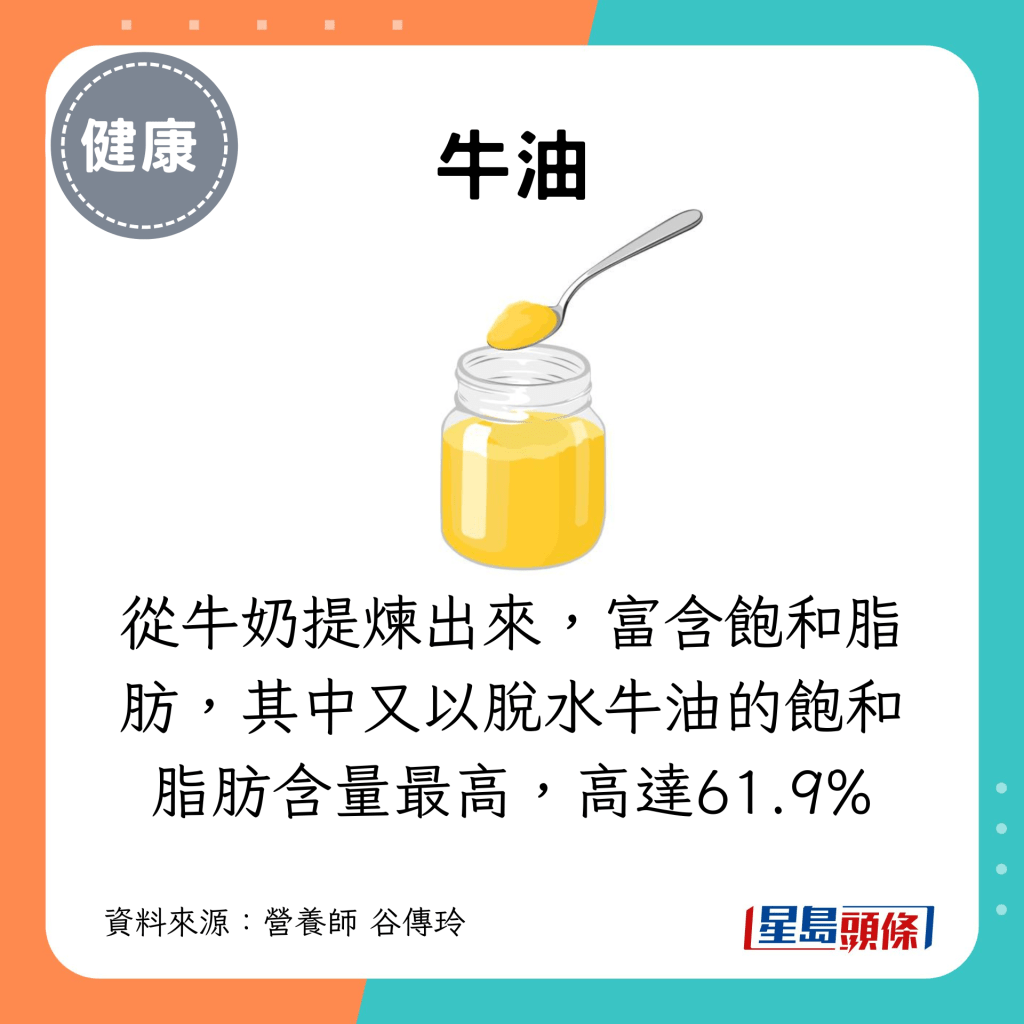 從牛奶提煉出來，富含飽和脂肪，其中又以脫水牛油的飽和脂肪含量最高，高達61.9%