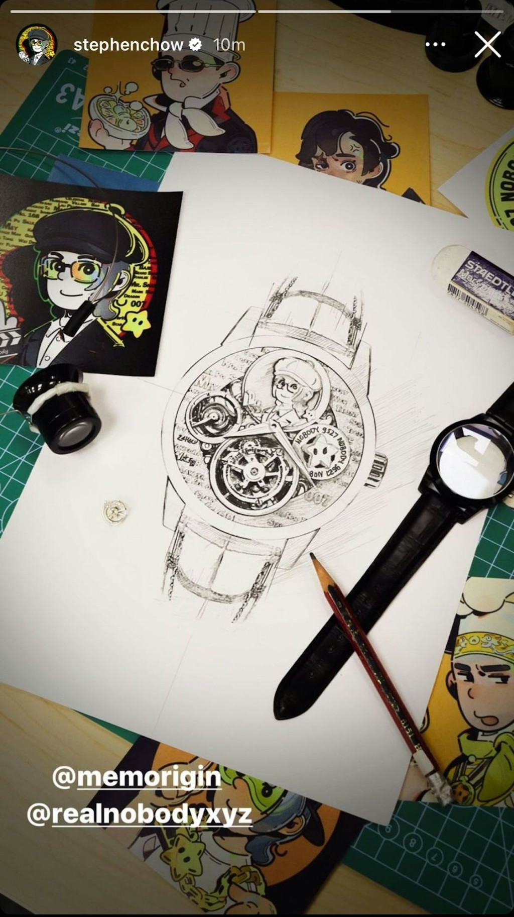 周星馳於社交媒體分享一張手繪手錶設計真跡。