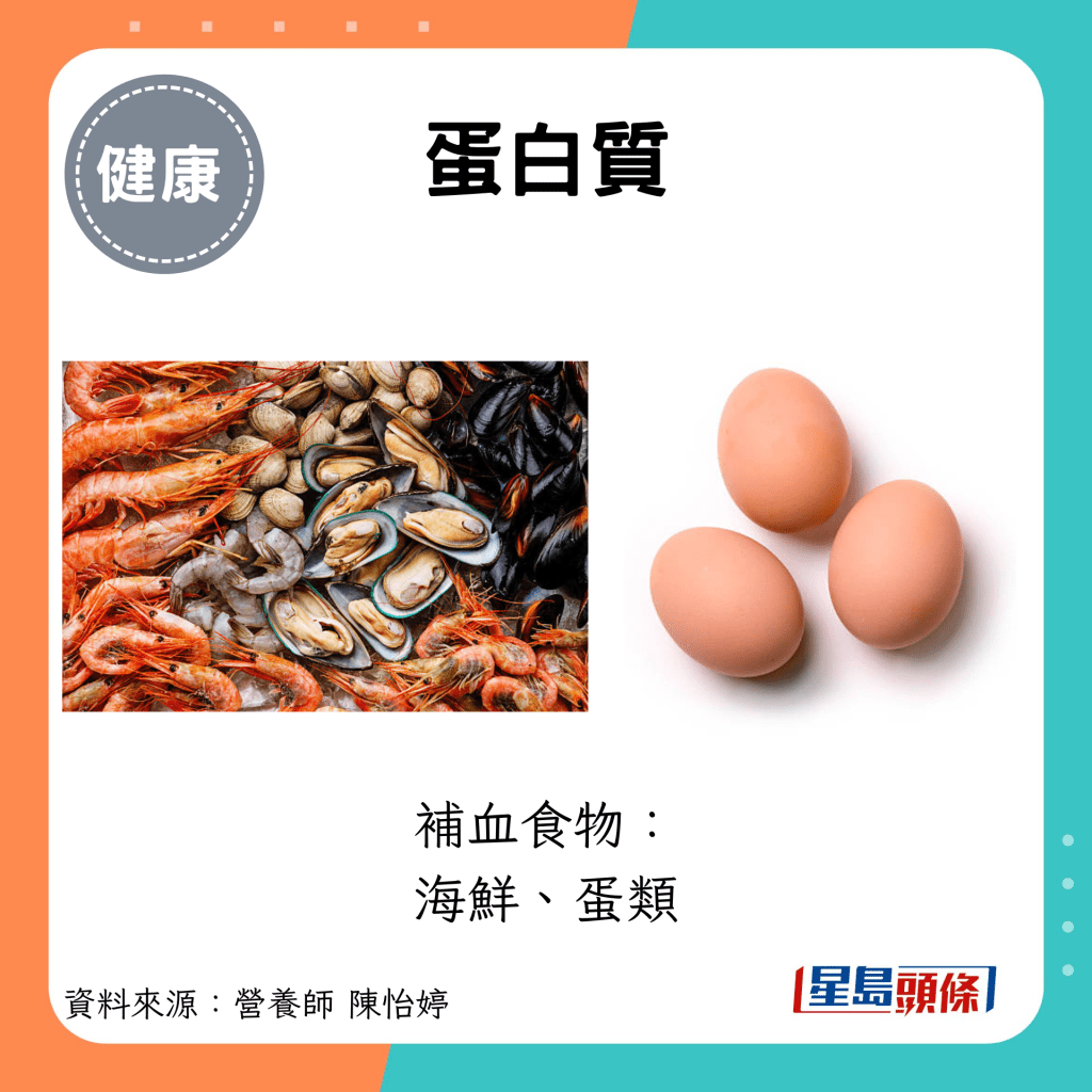 蛋白质：补血食物： 海鲜、蛋类