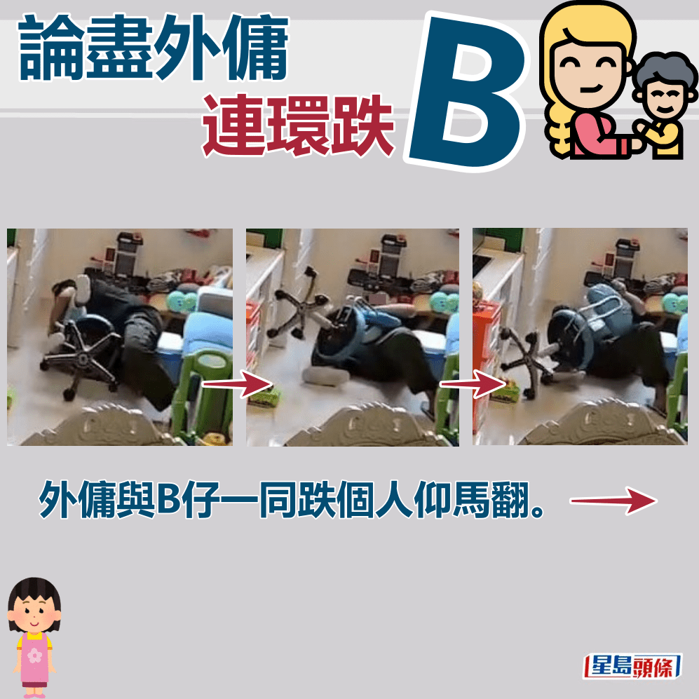 外佣与B仔一同跌个人仰马翻。fb“聘请工人姐姐关注组”截图  ​