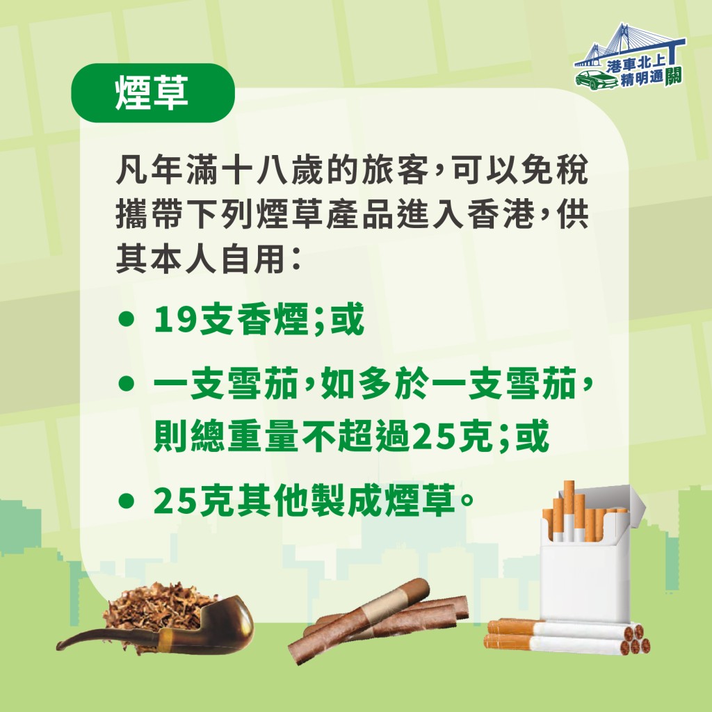 18歲以上旅客可指定數量煙草產品入境自用。香港海關facebook圖片