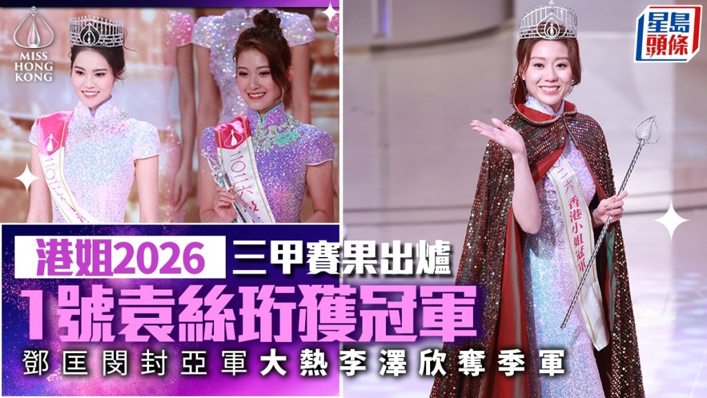 香港小姐2026丨三甲賽果出爐 1號袁絲珩獲冠軍 8號鄧匡閔封亞軍 大熱2號李澤欣奪季軍