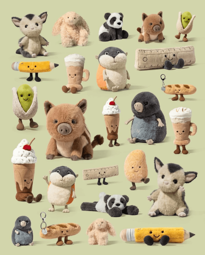 Jellycat的設計靈感源自生活用品、運動器材、食物、花卉和動物等多種元素。網上圖片