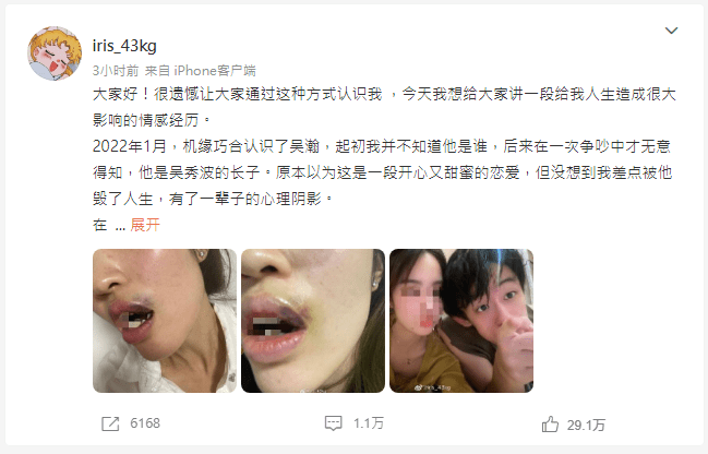 一名自稱是吳秀波長子吳瀚前女友的網民「iris_43kg」，今年2月撰長文指控遭對方家暴，事件隨即引起關注。