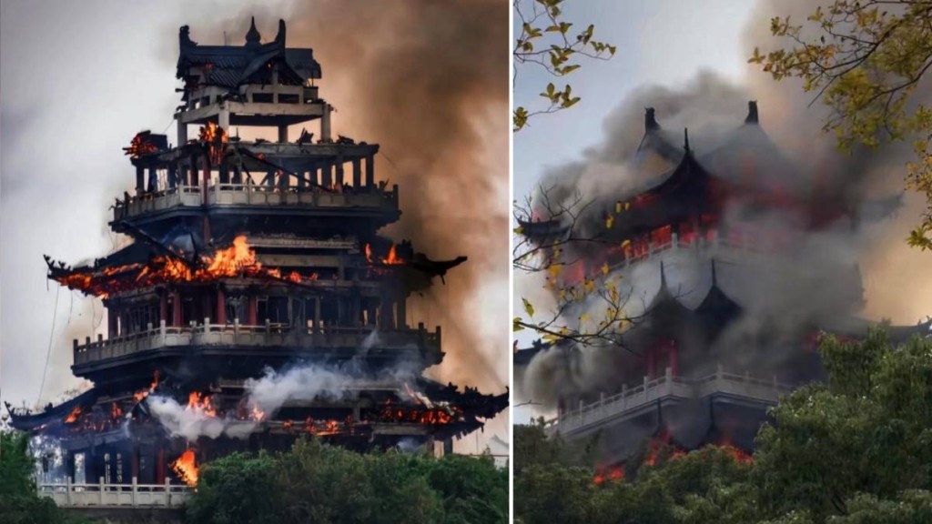 江蘇1500年古剎永慶寺火警，仿古重建的文昌閣燒通頂。抖音