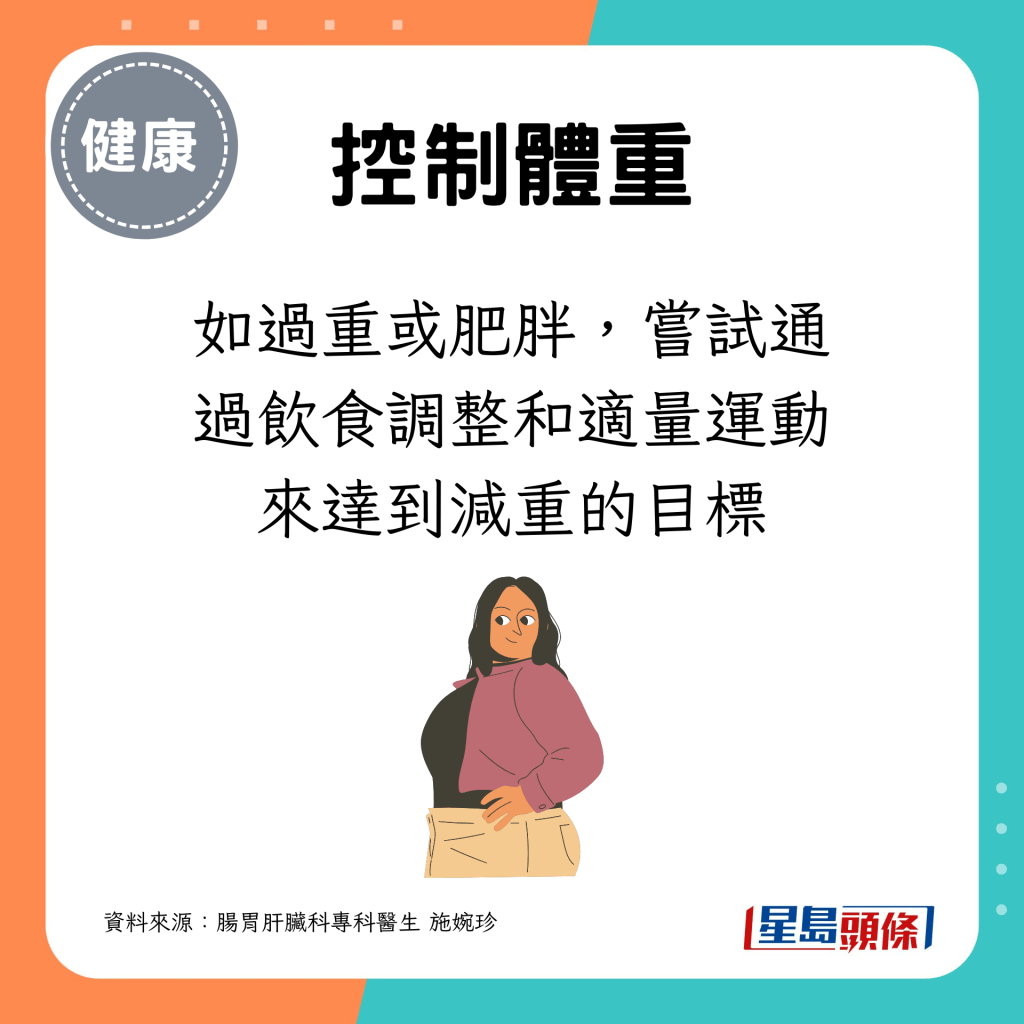 如过重或肥胖，尝试通过饮食调整和适量运动来达到减重的目标