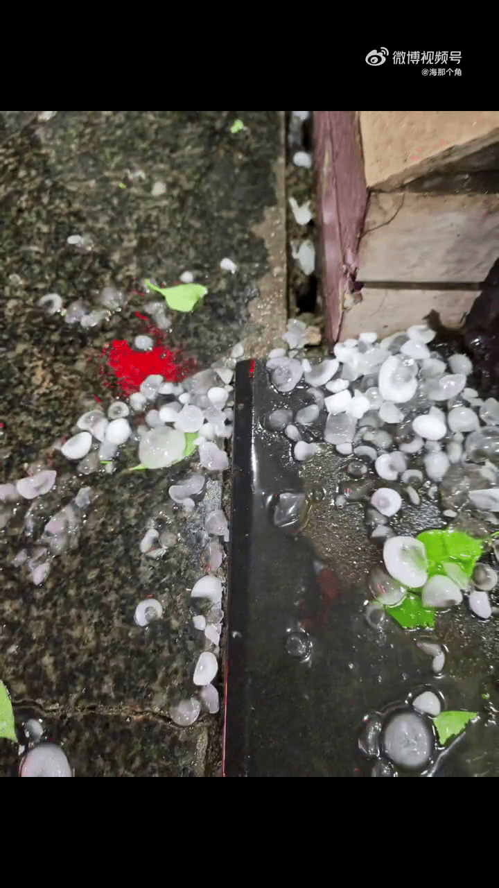 武汉暴雨伴随冰雹大风，有网民发布如鸡蛋般大的冰雹。
