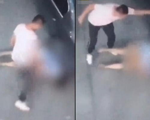 黑龍江一名男子當街踢前女友。網上圖片