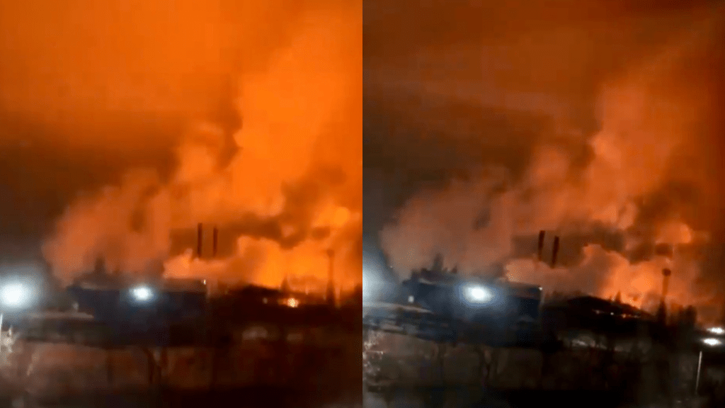 俄羅斯鋼鐵大廠NLMK疑遭無人機擊中發生大火。 X