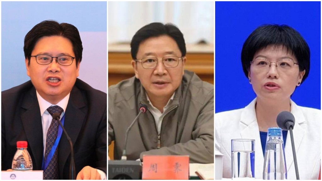 中央港澳辦發言人周霽(中)、曾健(左)和徐露穎(右)。