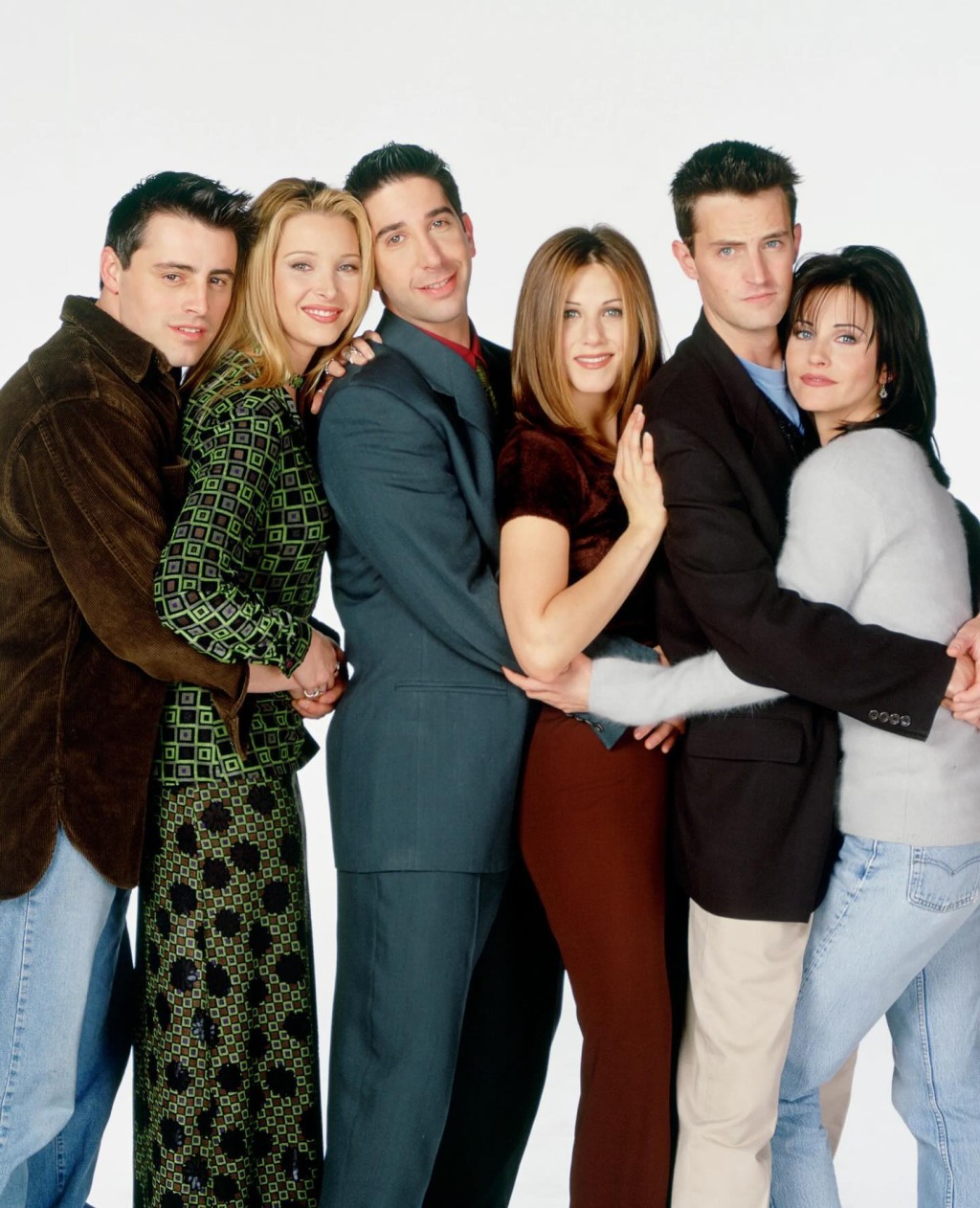 经典美剧《老友记（Friends）》由（左起）、麦利邦（Matt LeBlanc）、丽莎古祖（Lisa Kudrow）、大卫舒威马（David Schwimmer）、珍妮花安妮丝顿（Jennifer Aniston）、马修派利及却妮高丝（Courteney Cox）领衔演出。