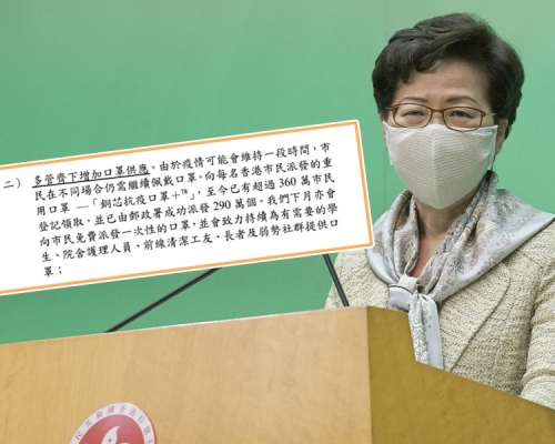 林鄭月娥透露將於下月向市民免費派發一次性的口罩。資料圖片