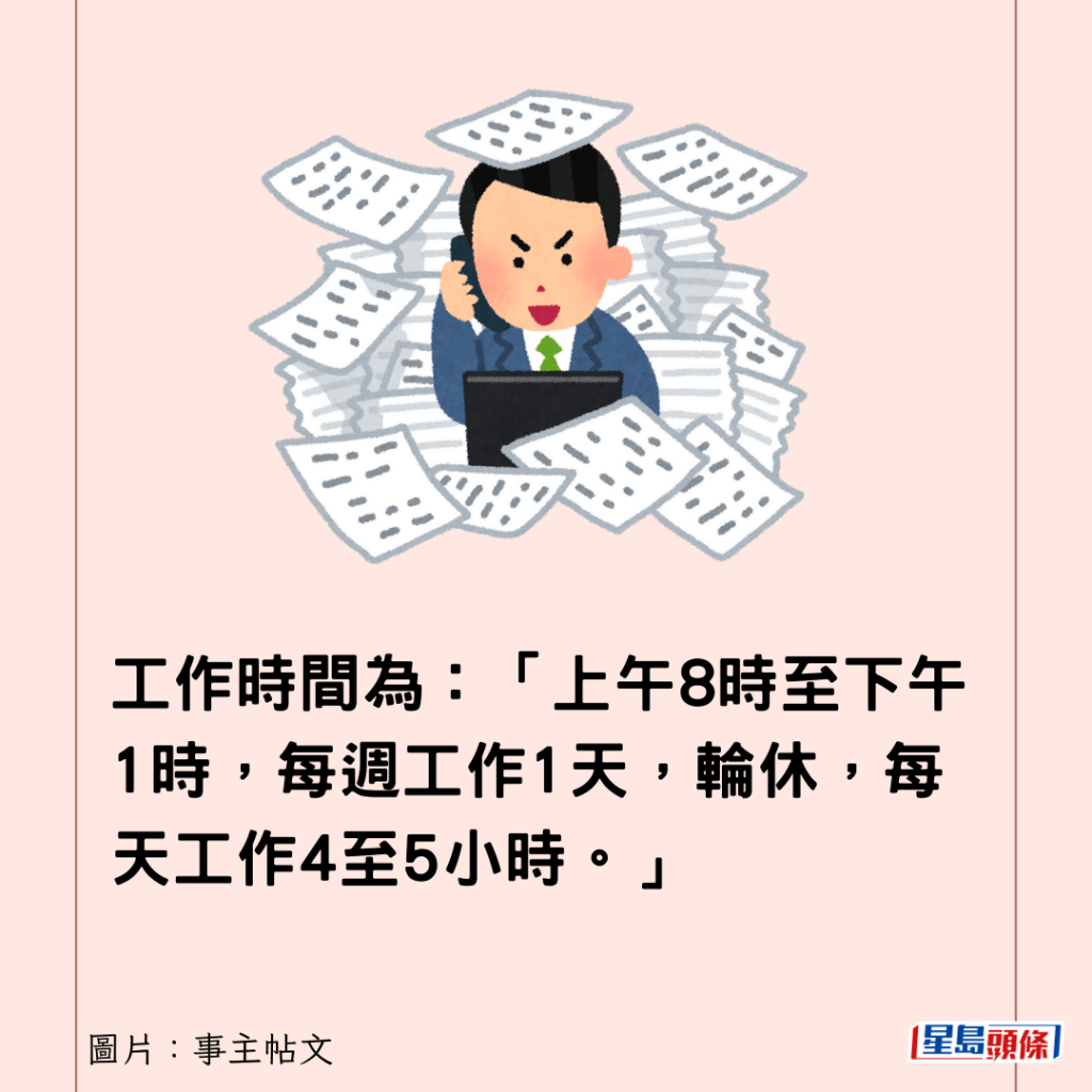 工作時間為：「上午8時至下午1時，每週工作1天，輪休，每天工作4至5小時。」