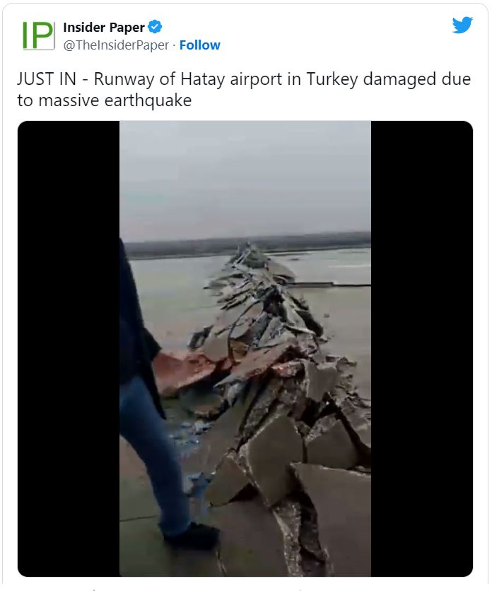 位于土叙边境的哈塔伊机场（Hatay airport）跑道硬生生裂成两截。