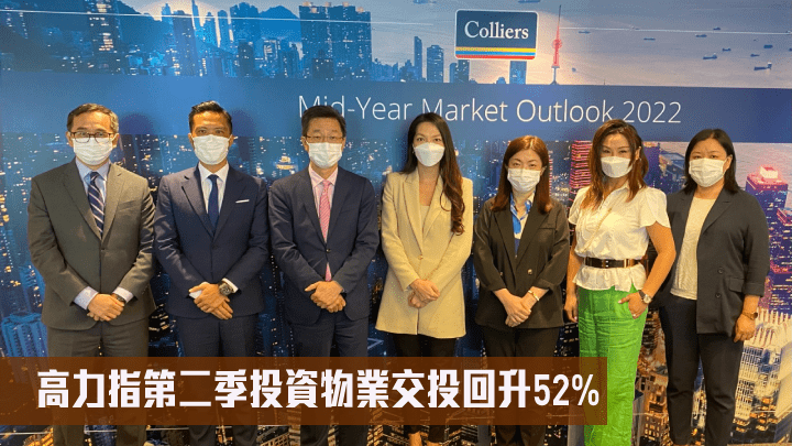 圖高力翟聰(左二)指出,今年第二季整體商用物業交投低位回升,按季增長 52%。左起陳彪、劉振江,鄧淑賢、顏慧萍、吳凱寧及周若瑜。