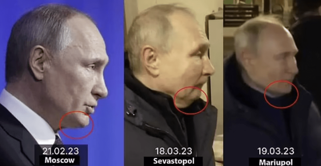 基輔官員安東‧格拉什琴科(Anton Gerashchenko)去年在社交平台發佈了三張普京的側面照片，對比普京的下爬外形。