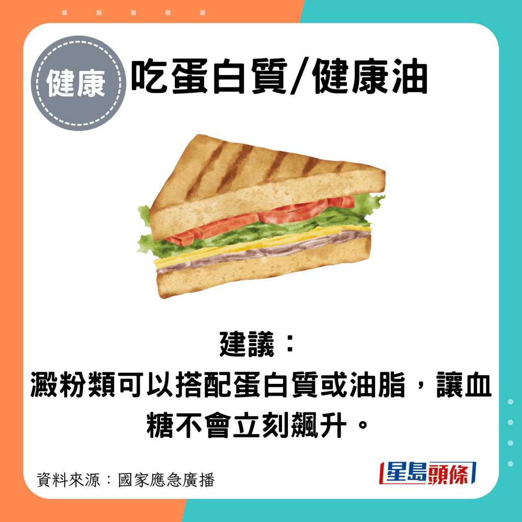 吃蛋白质/健康油：建议： 淀粉类可以搭配蛋白质或油脂，让血糖不会立刻飙升。