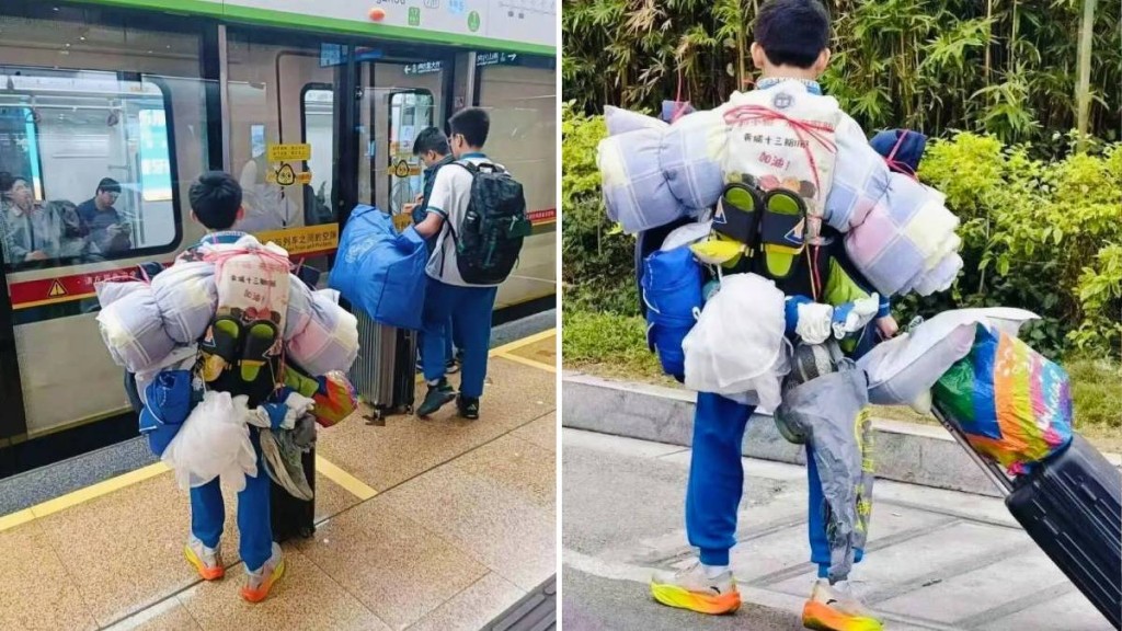 何梓睿背行李回家的背影被讚是「最強小孩哥」。小紅書