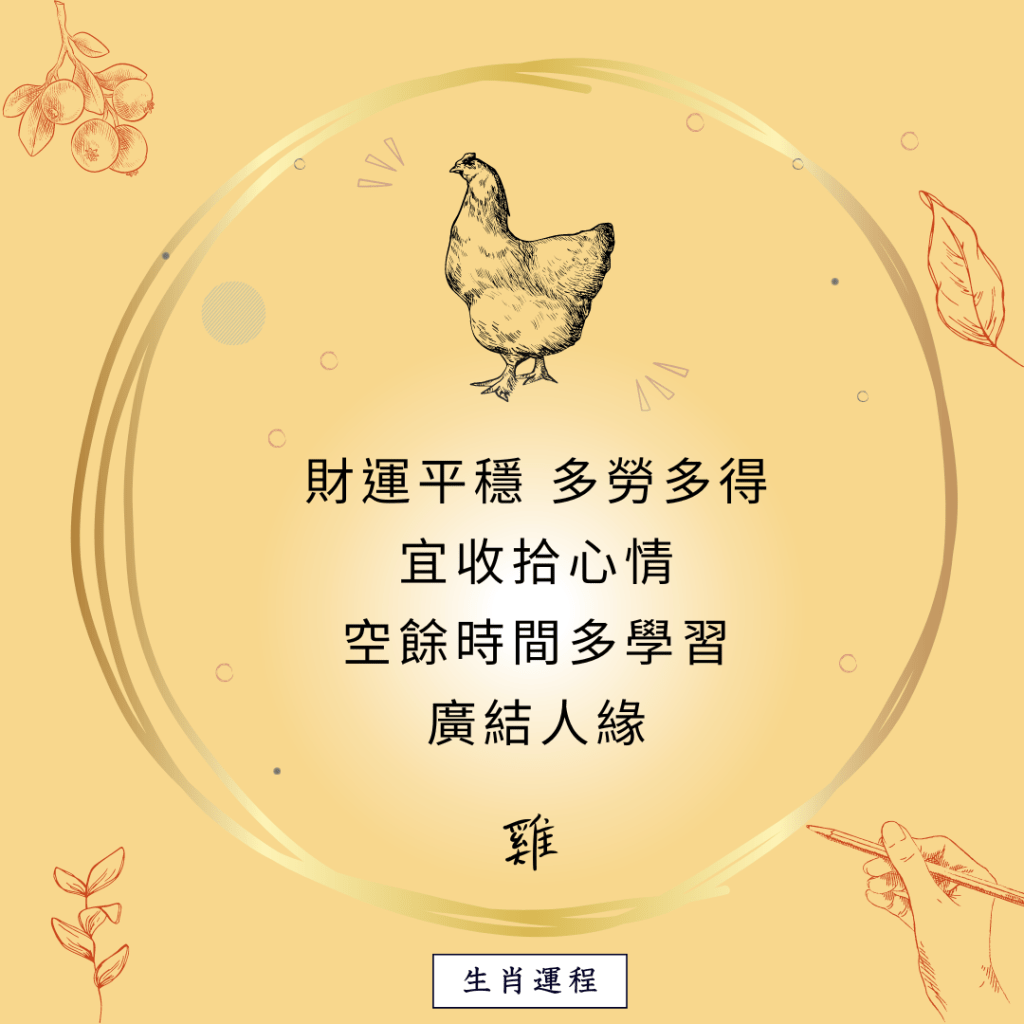 生肖运程 - 鸡：财运平稳，多劳多得，宜收拾心情，空馀时间多学习，广结人缘。