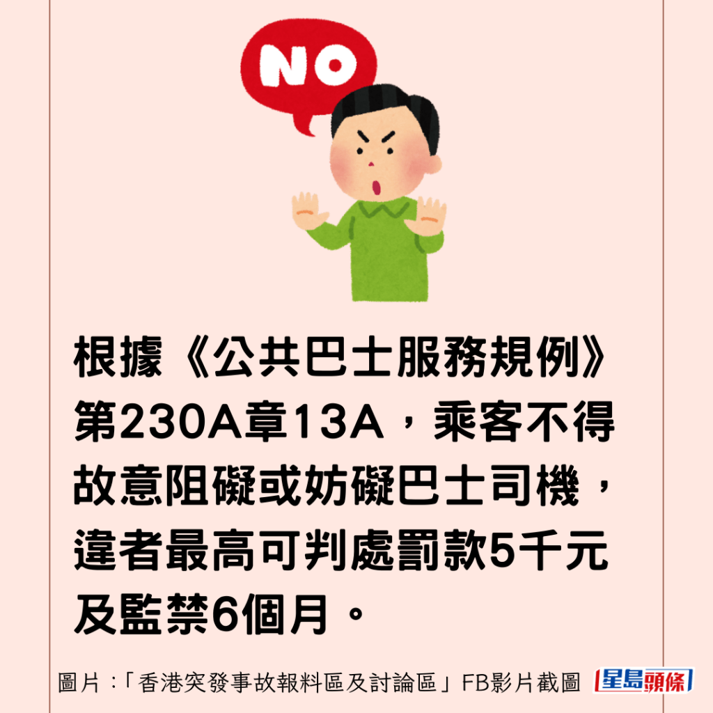 根據《公共巴士服務規例》第230A章13A，乘客不得故意阻礙或妨礙巴士司機，違者最高可判處罰款5千元及監禁6個月。