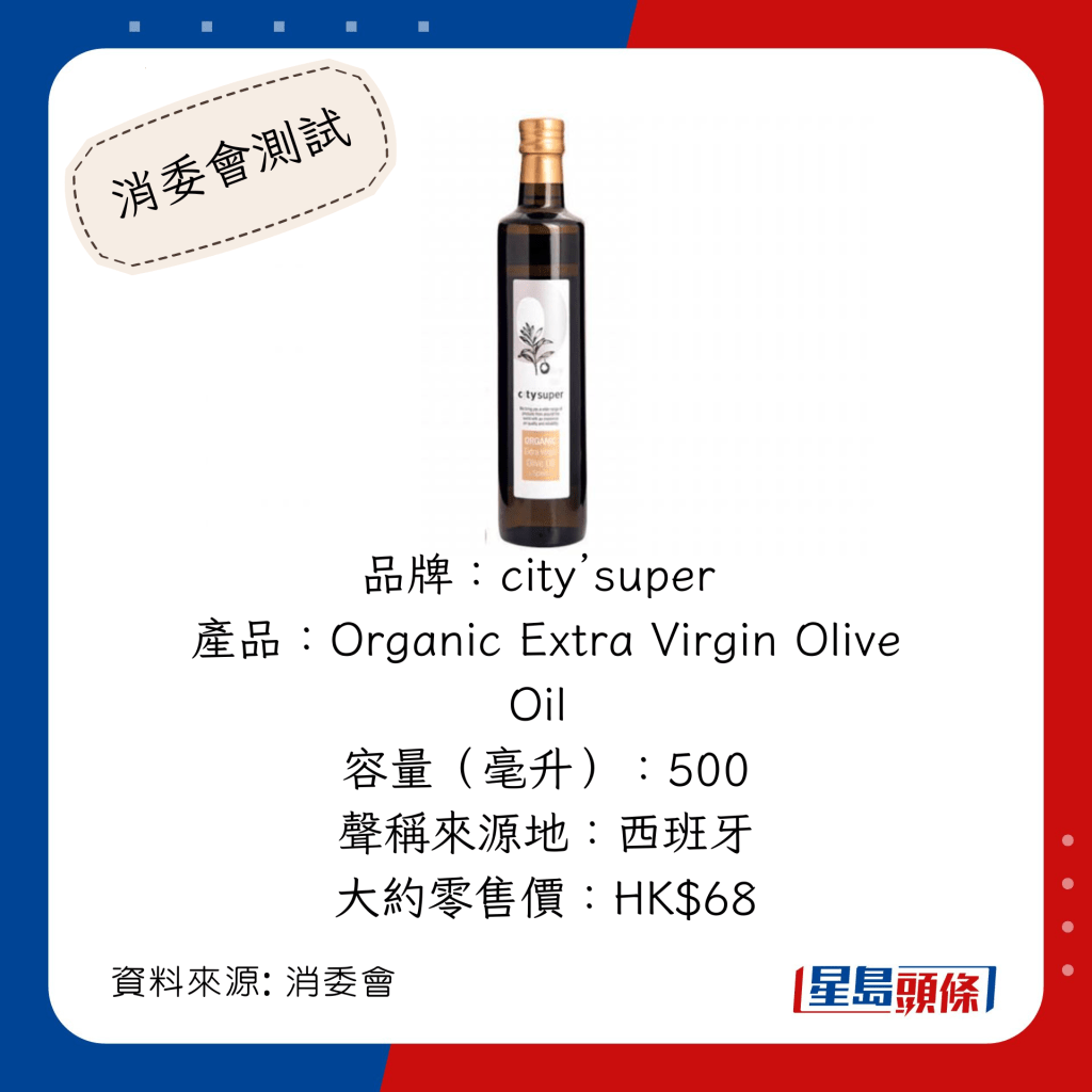 消委会推介安全满分食油：「city'super」Organic Extra Virgin Olive Oil