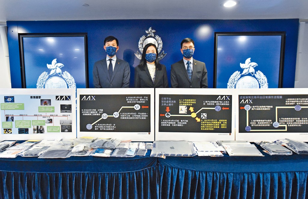 警方商業罪案調查科高級督察黃仲禮（左）、女警司孔慶勳（中）、署理總督察李偉忠（右）交代案情。