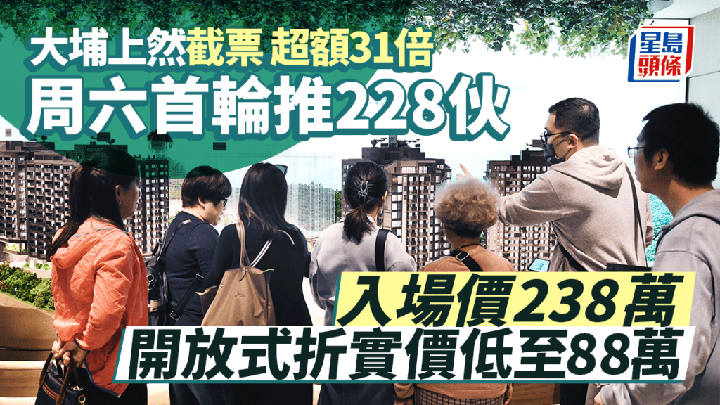 大埔上然截票 超額31倍 周六首輪推228伙 238萬入場 開放式折實價低至88萬