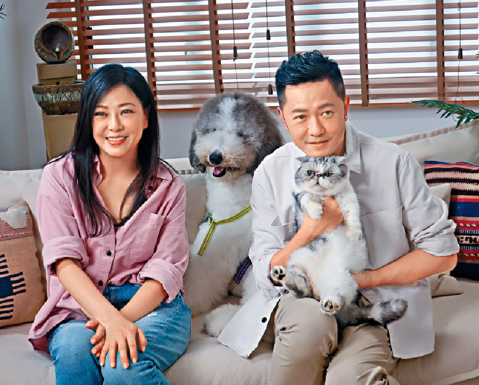 ■劉小慧與蘇志威帶同愛犬及愛貓為寵物產品拍廣告。
