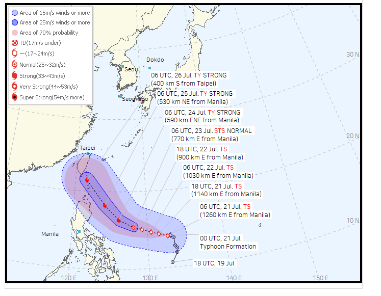 韓國氣象廳也預測杜蘇芮將移向台灣至福建一帶。韓國氣象廳圖片