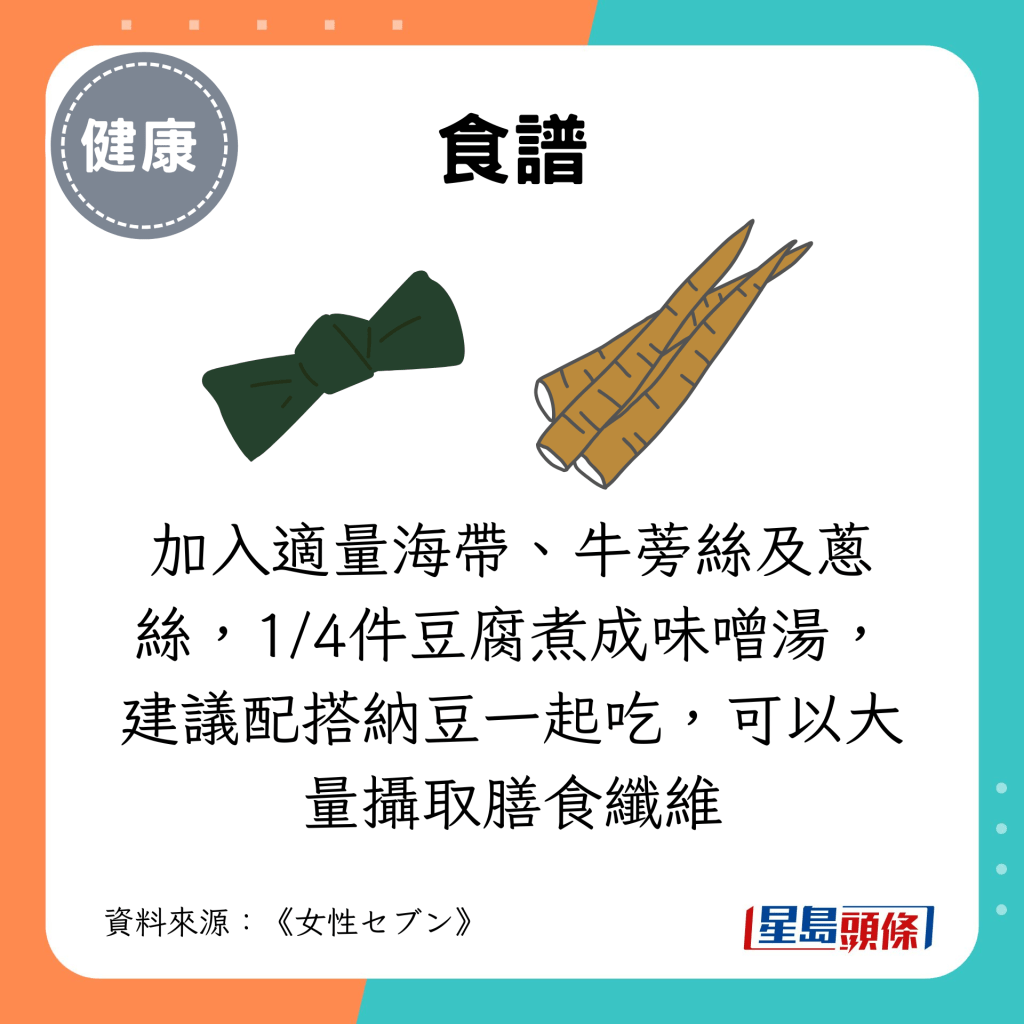 加入適量海帶、牛蒡絲及蔥絲，1/4件豆腐煮成味噌湯，建議配搭納豆一起吃，可以大量攝取膳食纖維